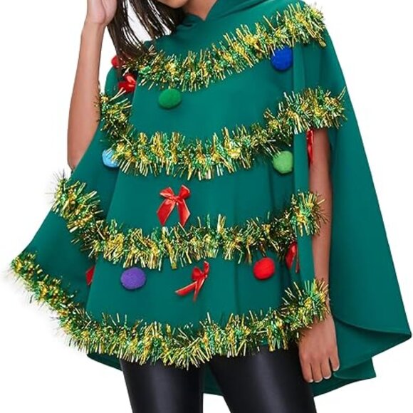 Christmas Tree Costume For Women Bow Ball Decor Hooded Cloak Cape Xmas Tree Dres - Picture 1 of 7